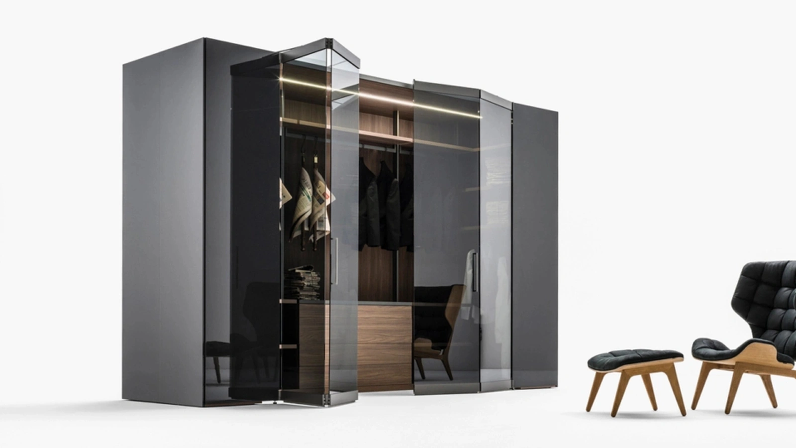 Cabina Armadio Freedhome compatta autoportante in vetro e laccato nero lucido Camerino Vetro di Caccaro