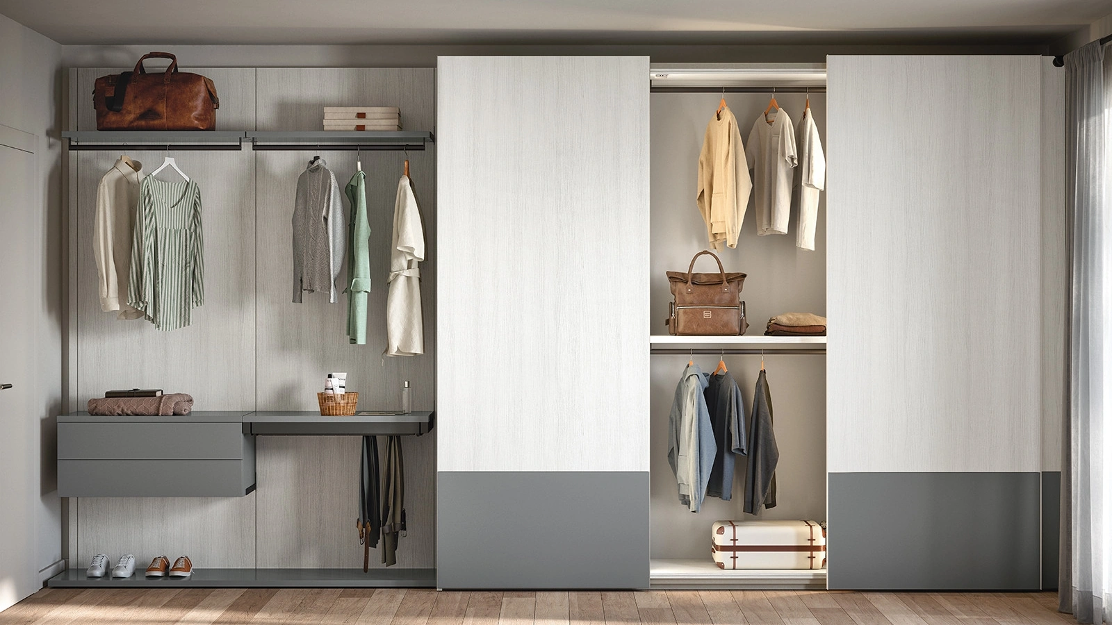 Armadio con ante scorrevoli 08E in melaminico Olmo Shade e cemento  di Cinquanta3