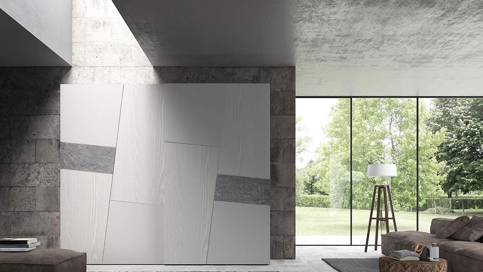 Armadio con ante scorrevoli Comp 320 in frassino, laccato e inserti in pietra di Mobilgam