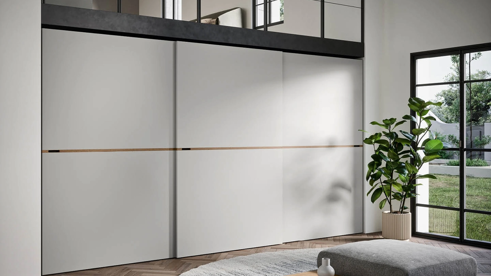 Armadio Middle con anta scorrevole caratterizzata dall'inserto centrale in essenza, con maniglia integrata di Novamobili
