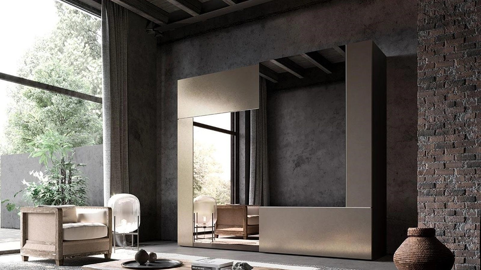 Armadio con ante scorrevoli Comp 306 in laccato metallizzato ottone e specchio bronzo di Mobilgam