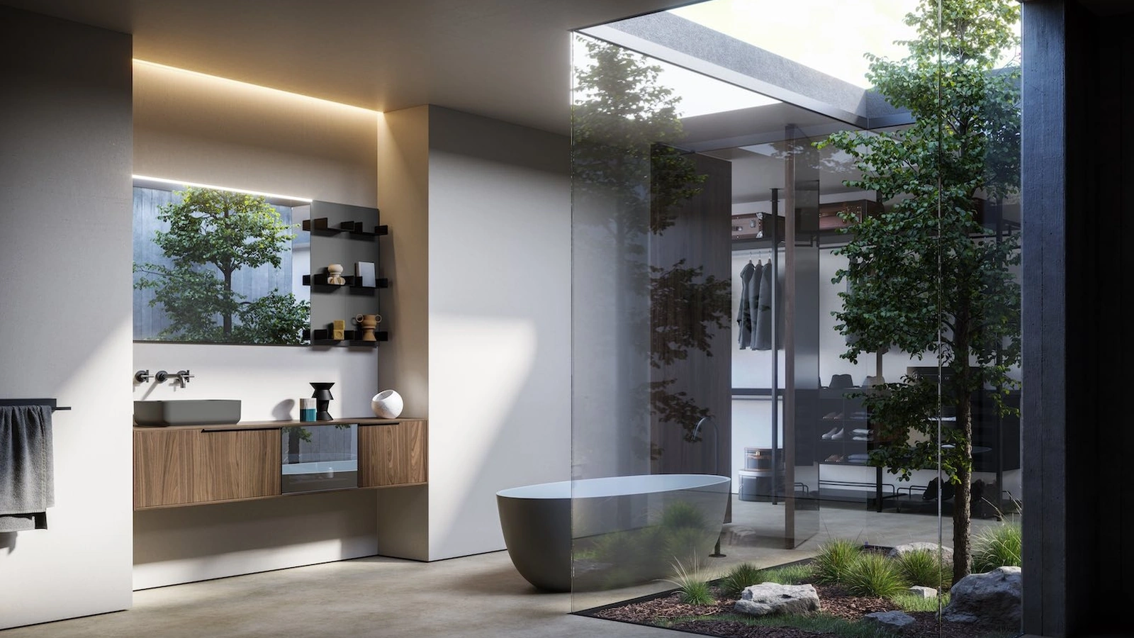 Mobile da Bagno sospeso in legno Noce Canaletto e vetro Cornici 14 di Puntotre