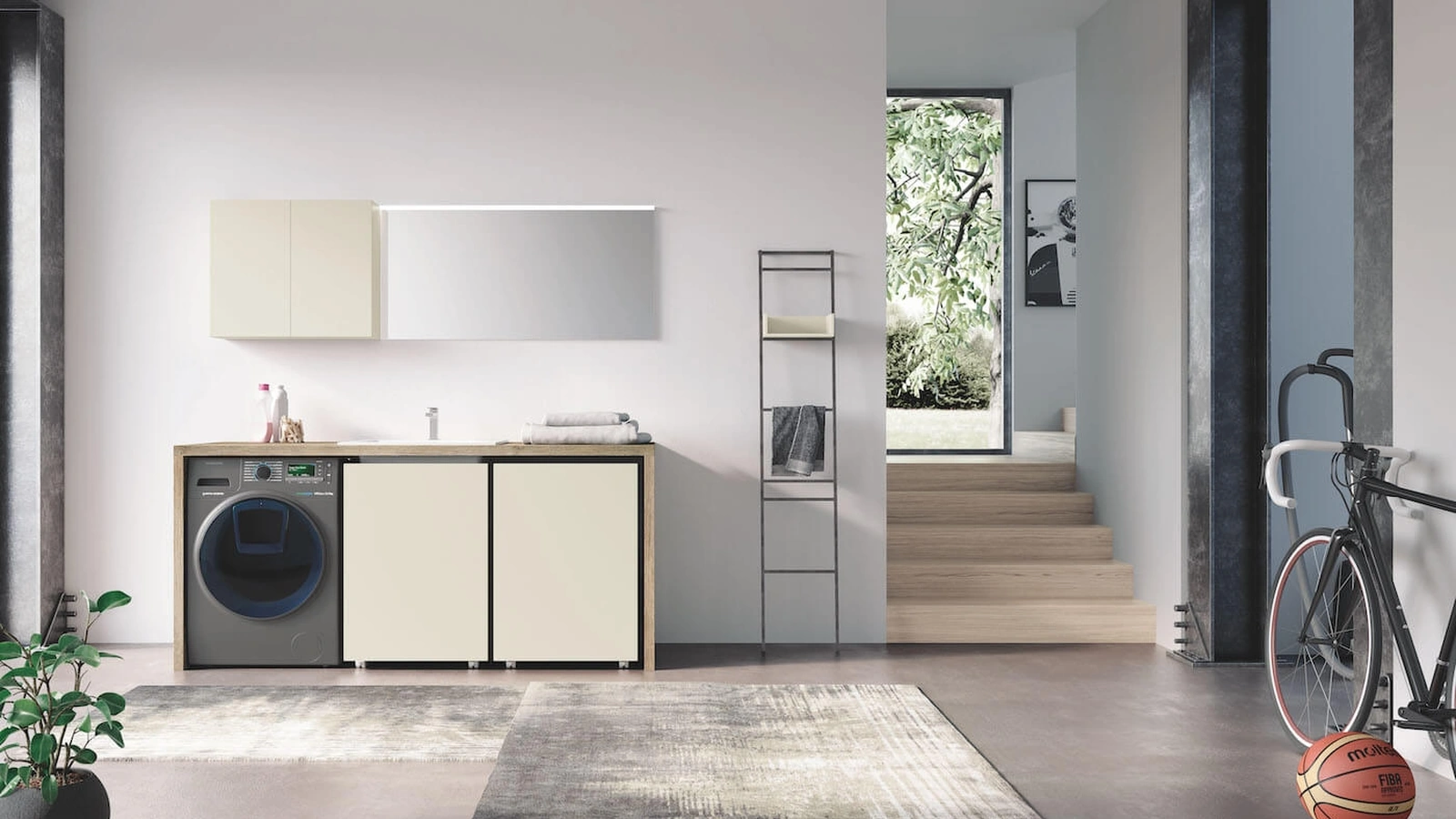 Mobile da Bagno per lavanderia in laccato opaco e HPL Rovere Laundry 02 di Puntotre