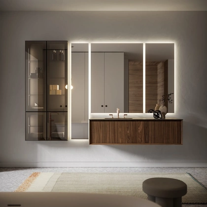 Mobile da Bagno sospeso in legno Noce Canaletto e vetro Modula 07 di Puntotre