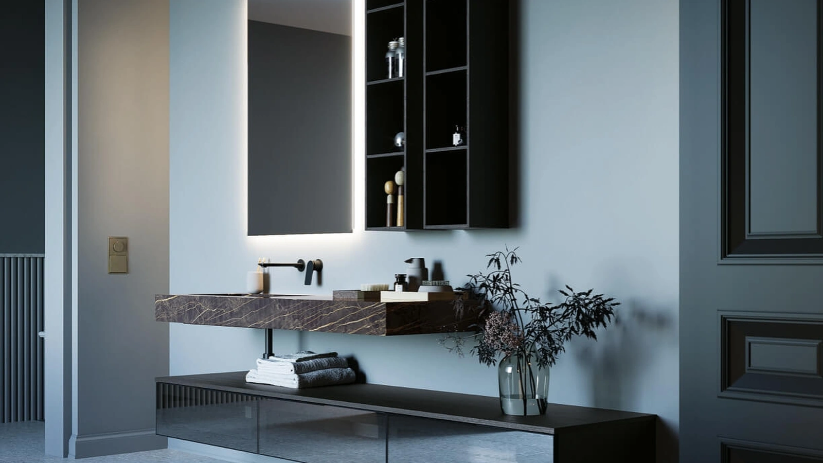 Mobile da Bagno sospeso in vetro con top in gres Sistema Maniglia 15 di Puntotre