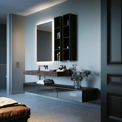 Mobile da Bagno sospeso in vetro con top in gres Sistema Maniglia 15 di Puntotre