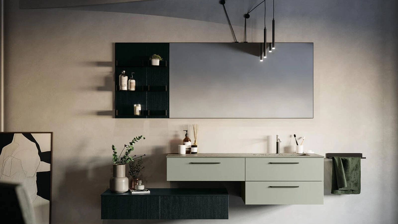 Mobile da Bagno sospeso in laccato e laminato con top in gres Sistema Maniglia 21 di Puntotre