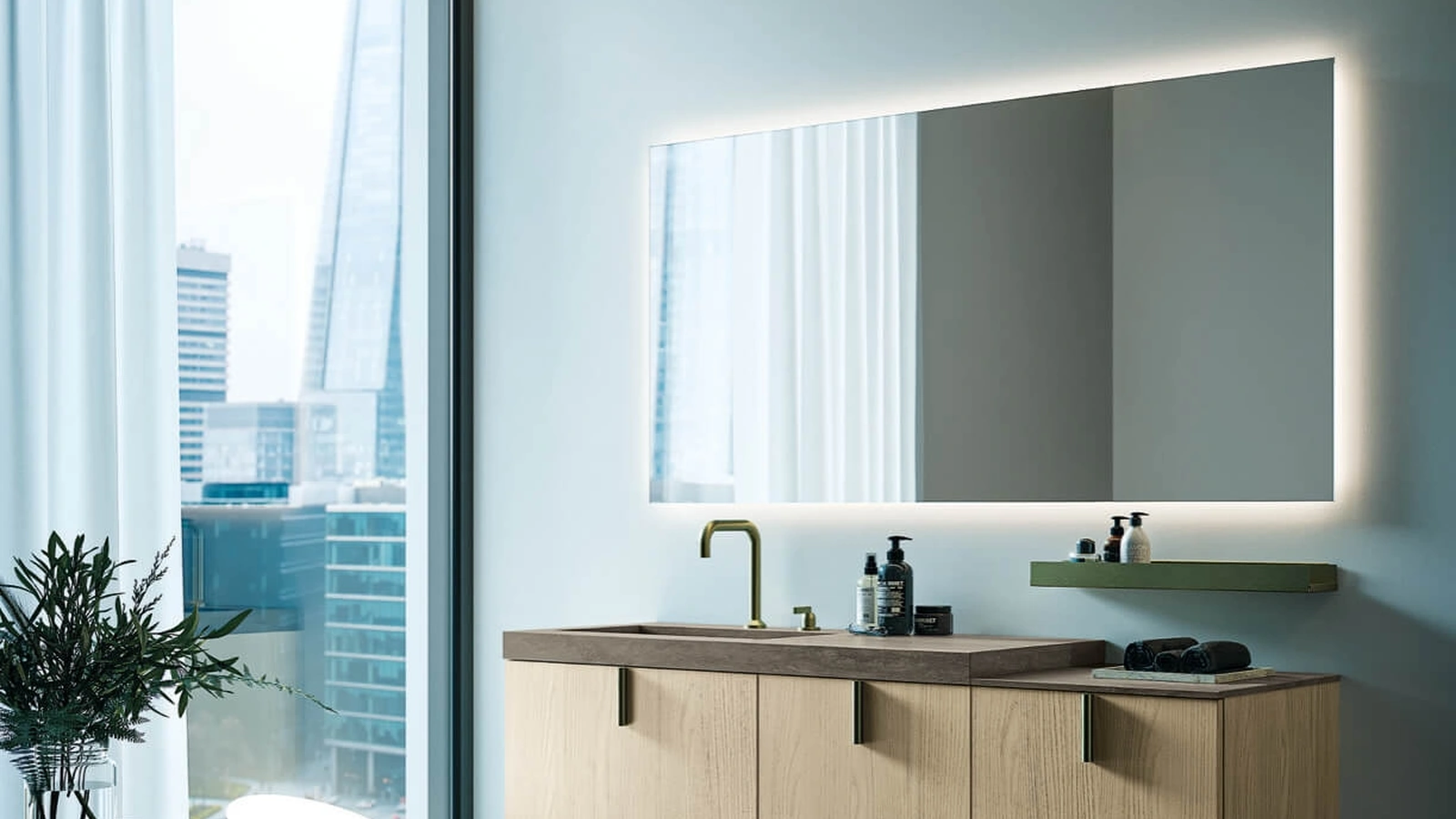 Mobile da Bagno sospeso in laminato finitura Olmo e top in gres Sistema Maniglia 22 di Puntotre