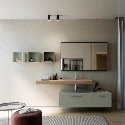 Mobile da Bagno sospeso laccato opaco con top in HPL finitura Rovere Sistema Maniglia 23 di Puntotre