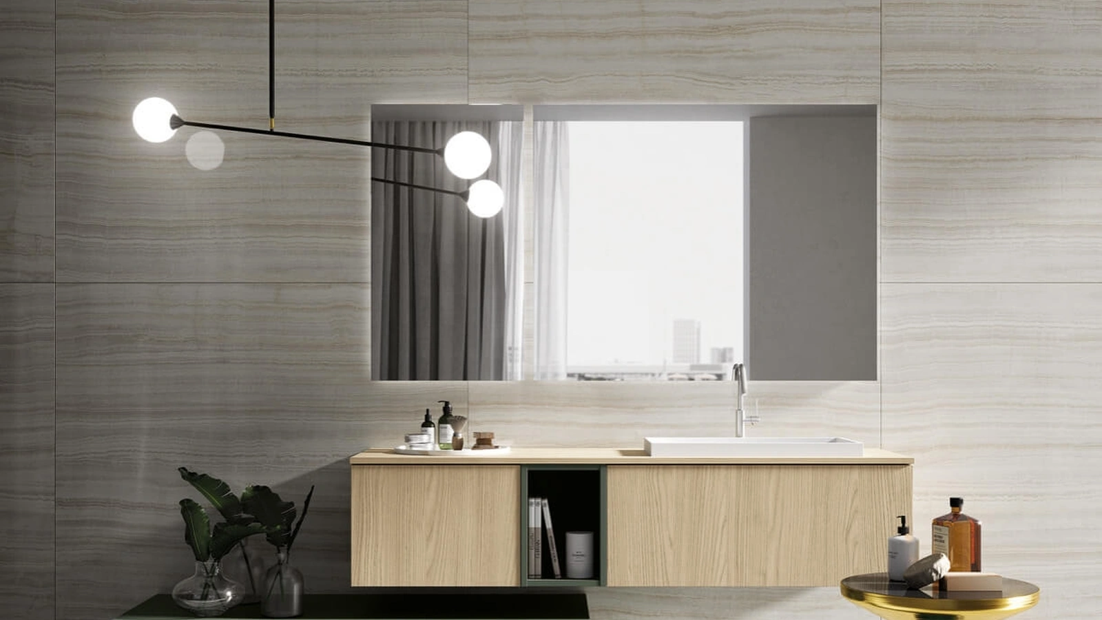 Mobile da Bagno sospeso in laminato finitura Olmo e laccato Sistema Maniglia 24 di Puntotre