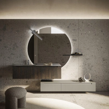 Mobile da Bagno sospeso Vertigo Evolution 01 polimerico finitura effetto legno e laccato opaco con top in vetro di Puntotre