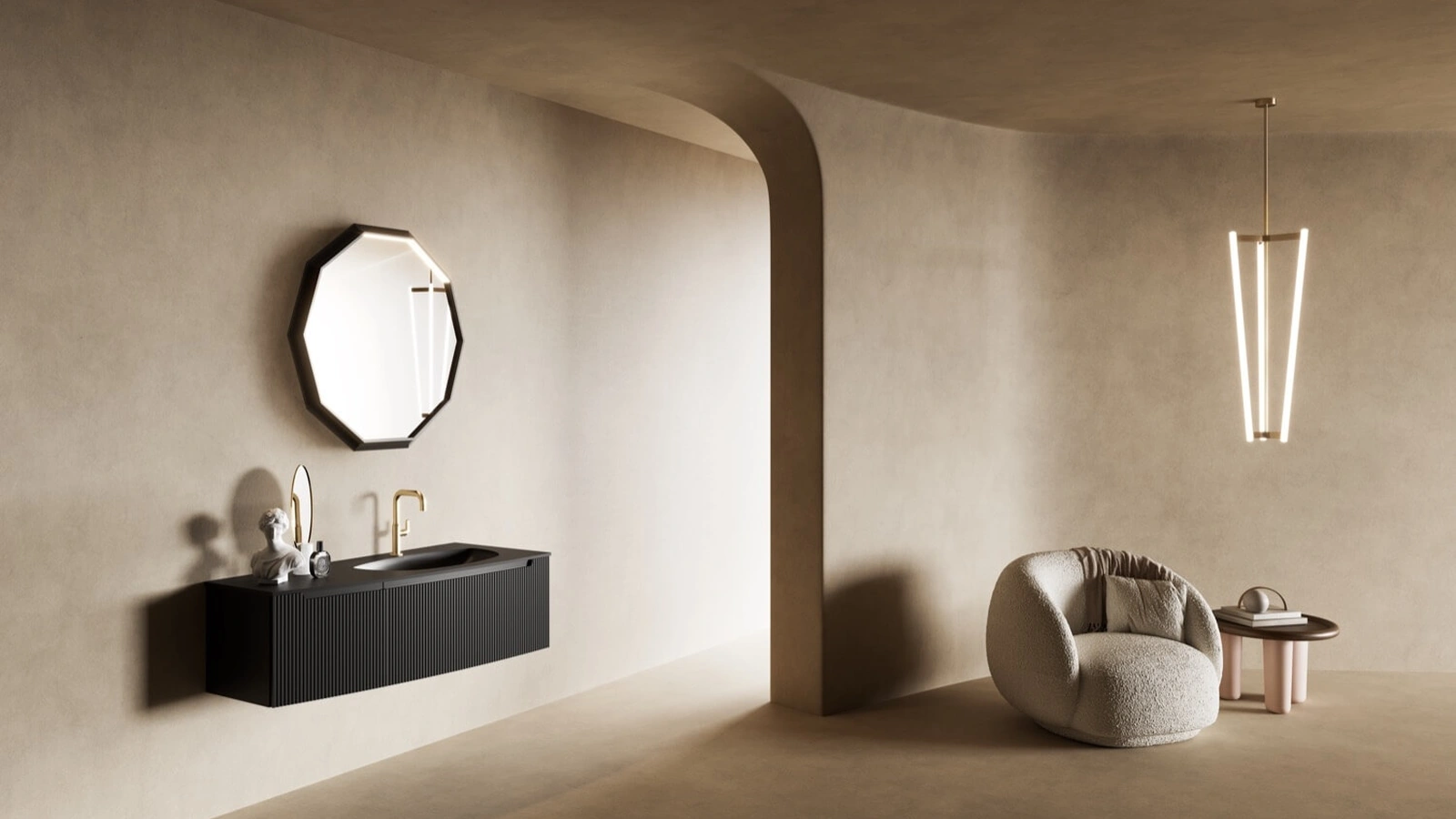 Mobile da Bagno sospeso dalla forma curva laccato Nero Grafite Vertigo Evolution 05 di Puntotre