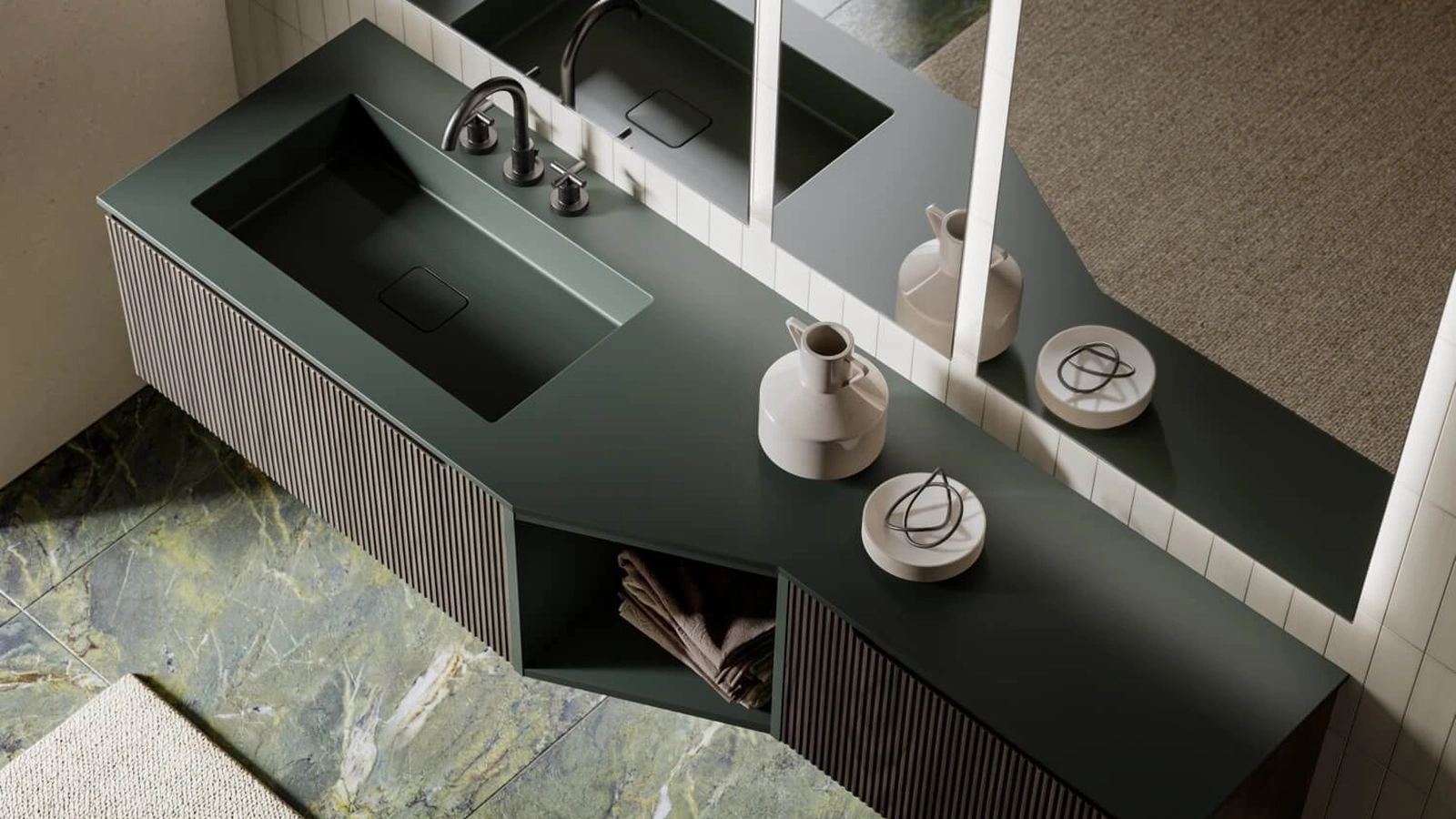 Mobile da Bagno sospeso dalla forma irregolare in polimerico finitura effetto legno con vano a giorno laccato opaco Vertigo Evolution 12 di Puntotre