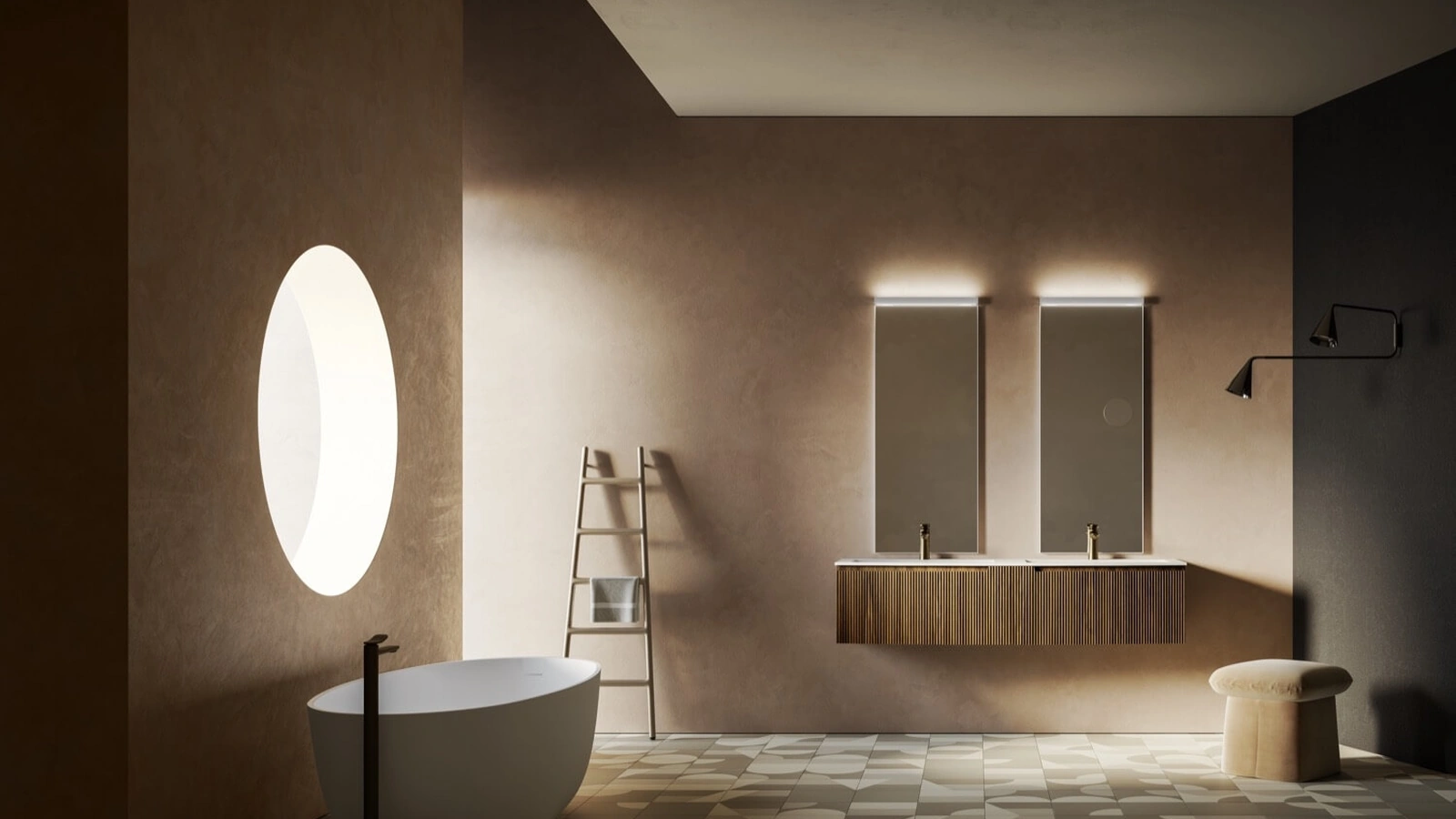 Mobile da Bagno sospeso con base curva in polimerico finitura effetto legno con doppio lavabo Vertigo Evolution 14 di Puntotre