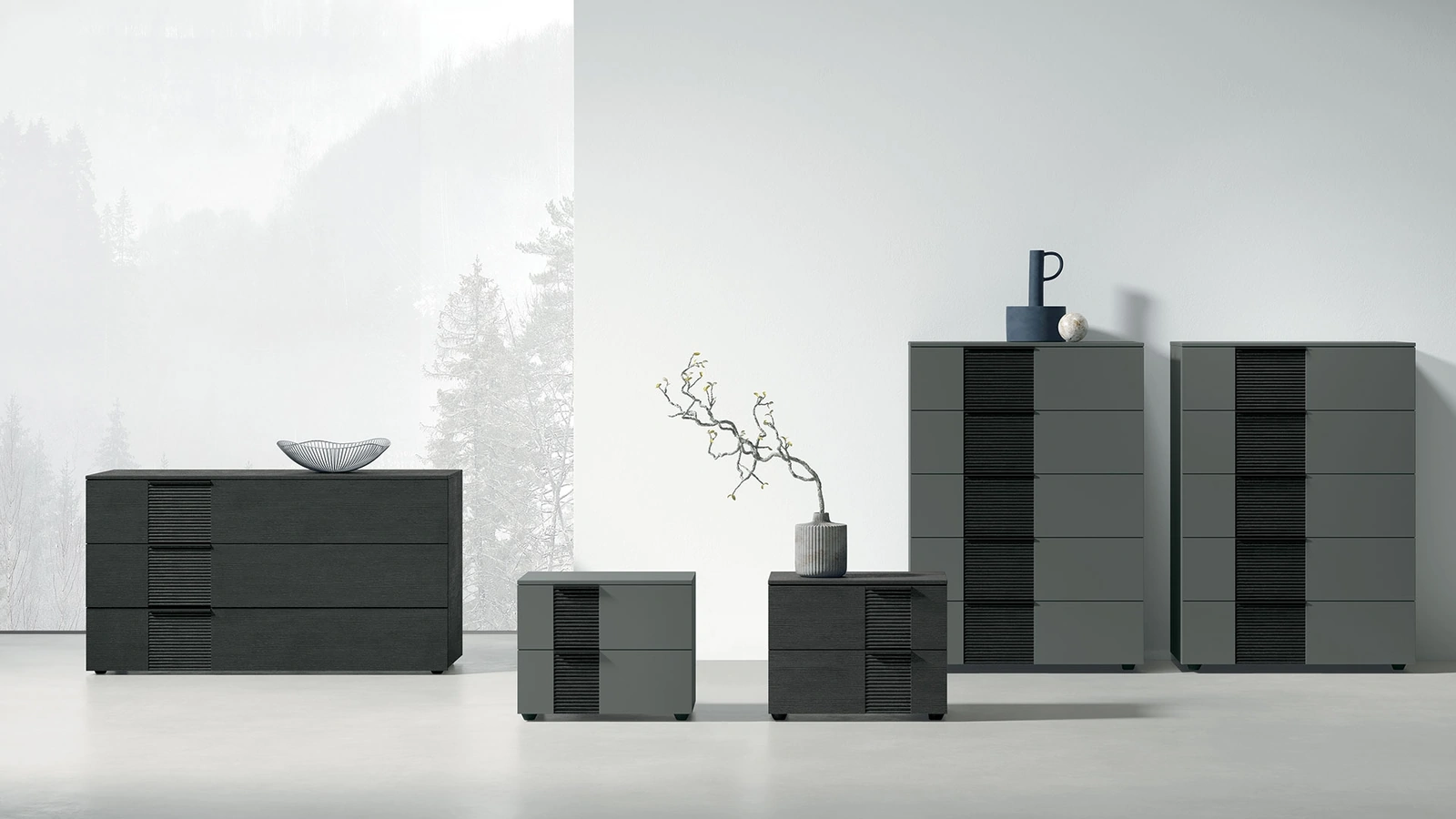 Gruppo Notte Bliss in laccato o materico con inserto in legno di Tomasella