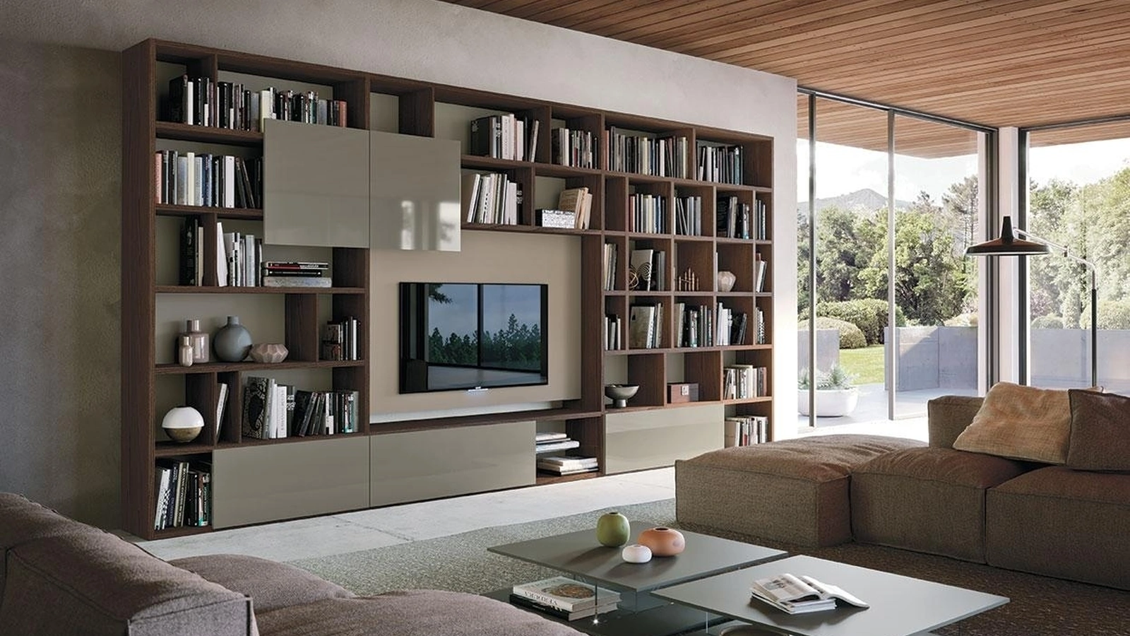 Libreria a muro Horizon 945 in laccato lucido e legno di Mobilgam