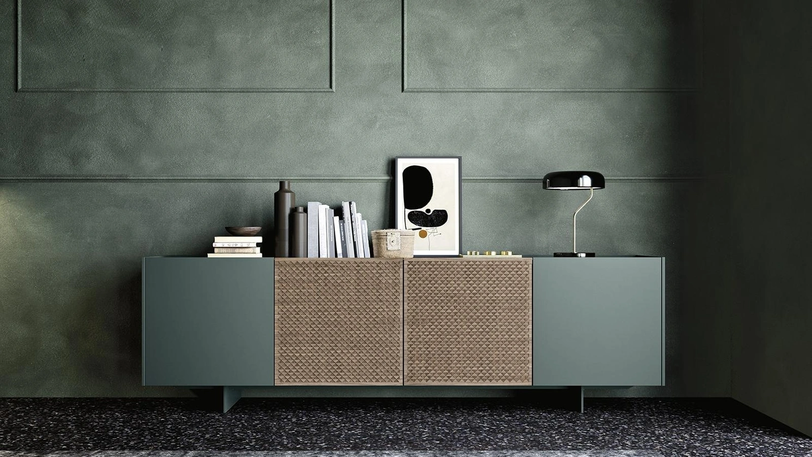 Madia Horizon Joy 972 in laccato con intarsio in noce di Mobilgam