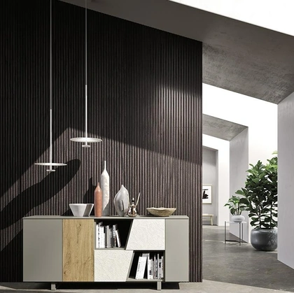 Madia Horizon Tetris 962 in laccato, rovere e cemento di Mobilgam