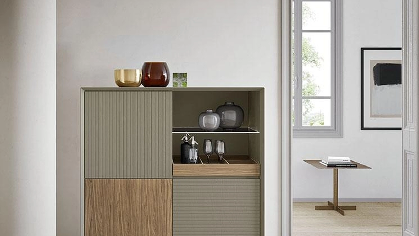 Madia Horizon Zen 1032 in frassino laccato e noce di Mobilgam