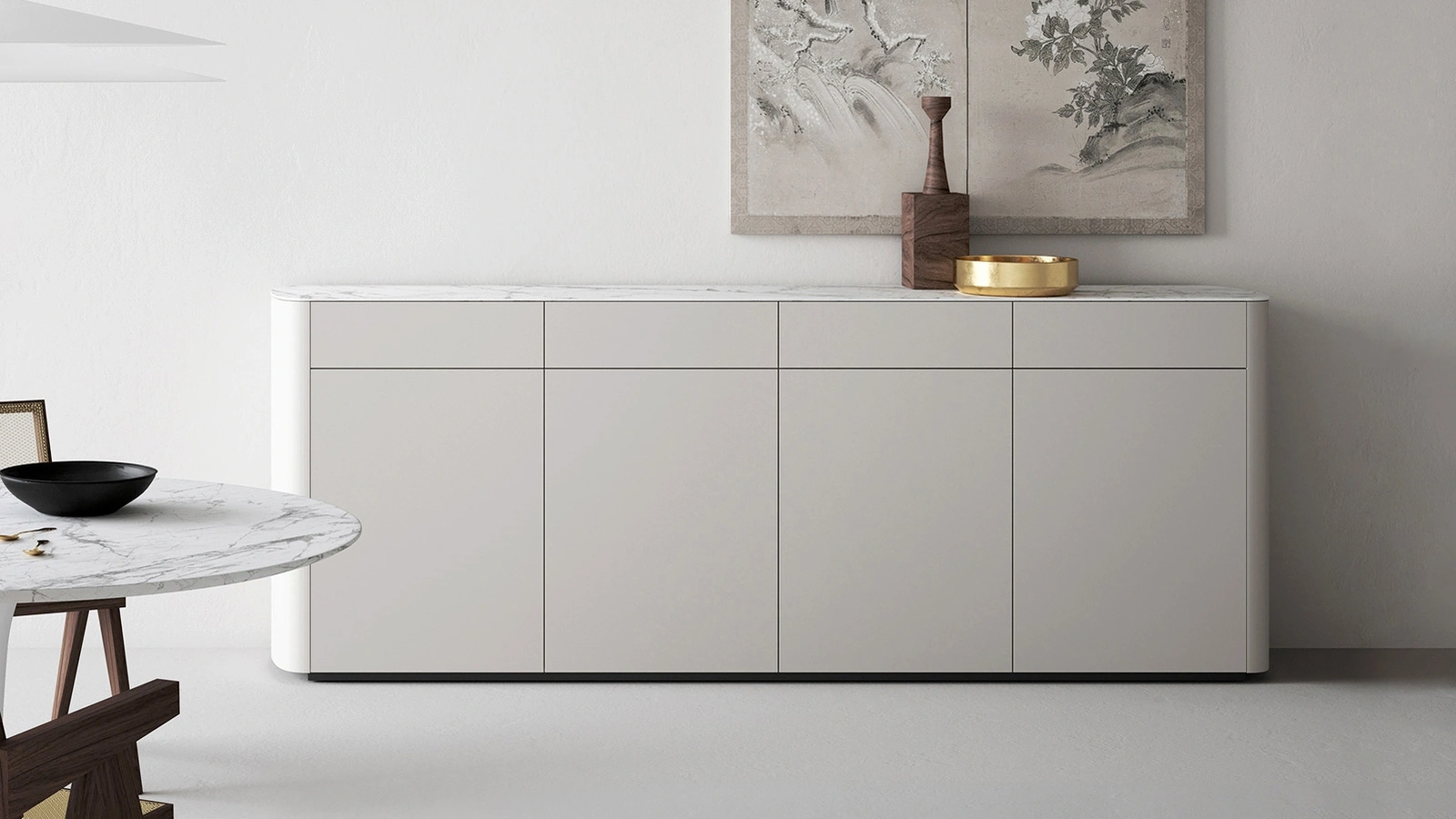 Madia con fianchi tondi in laccato opaco rugiada con top in gres porcellanato effetto marmo Side di Caccaro