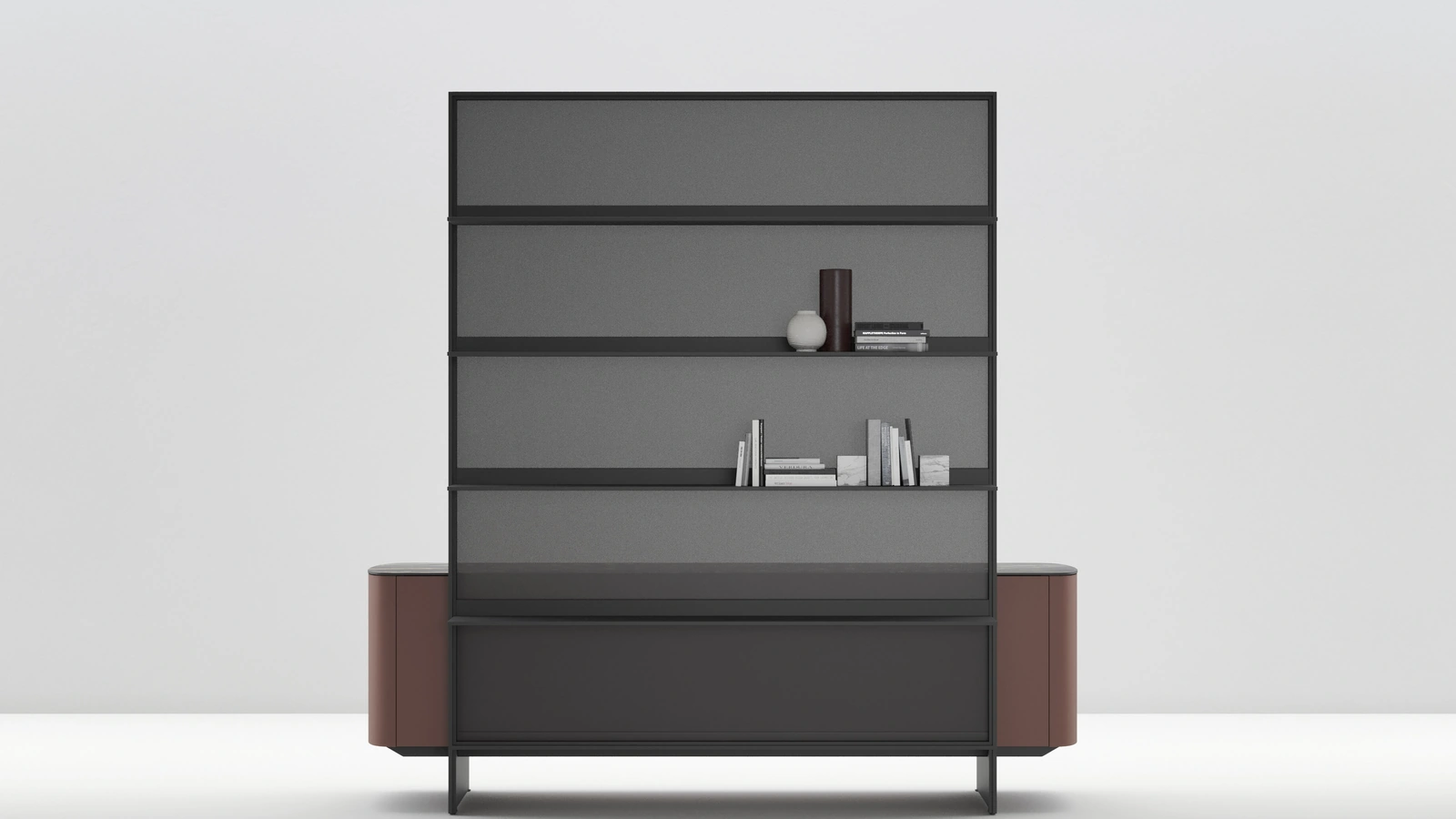 Madia con separè libreria Side View in laccato opaco con top in gres di Caccaro