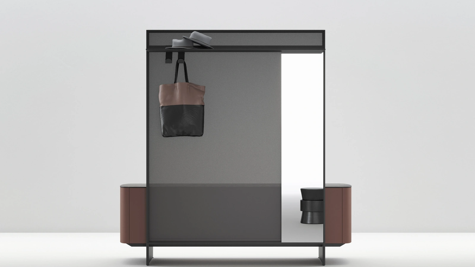 Madia con separè appendiabiti con specchio Side View in laccato opaco con top in gres di Caccaro