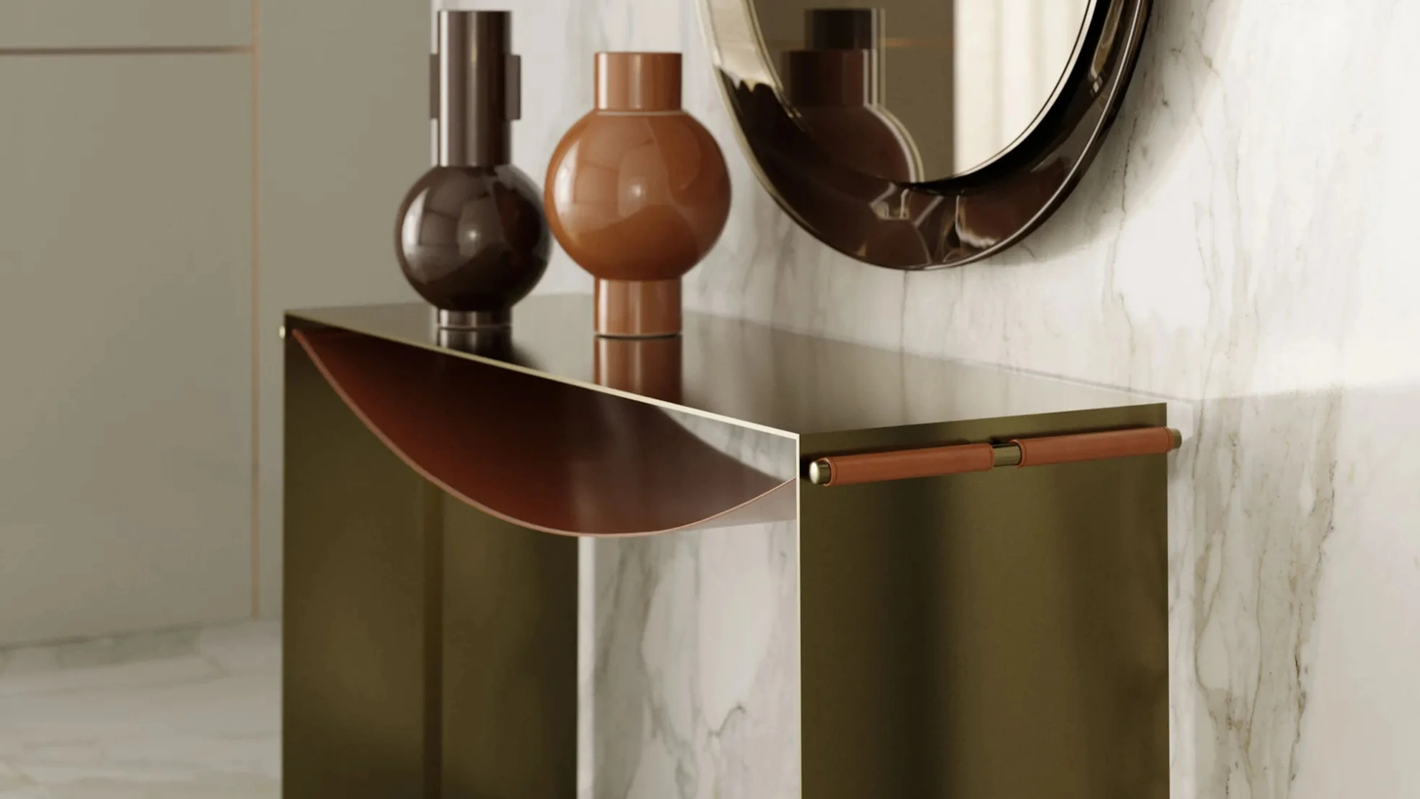 Mobile ingresso Consolle Piper in acciaio con ripiano in cuoio di Bontempi