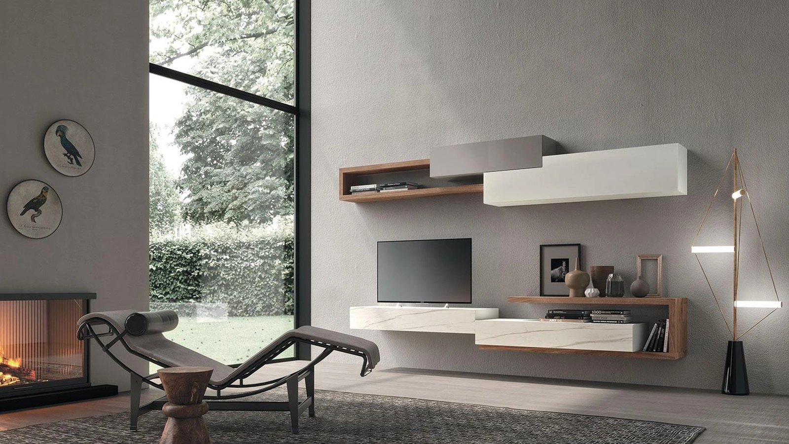 Parete Attrezzata Composizione Horizon 929 in laccato opaco, legno e laminato di Mobilgam