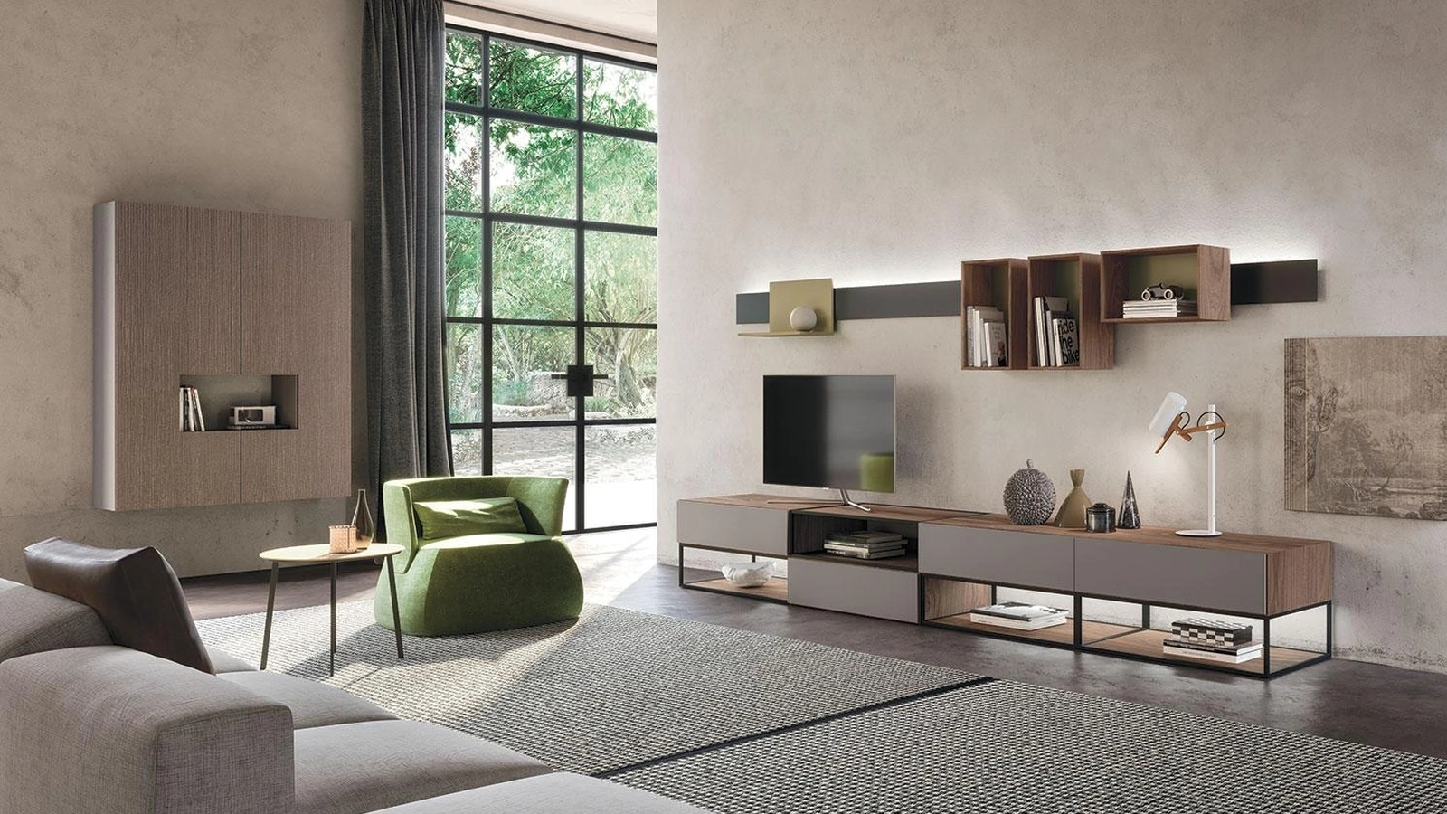 Parete Attrezzata Composizione Horizon 919 in laccato opaco, legno e metallo di Mobilgam