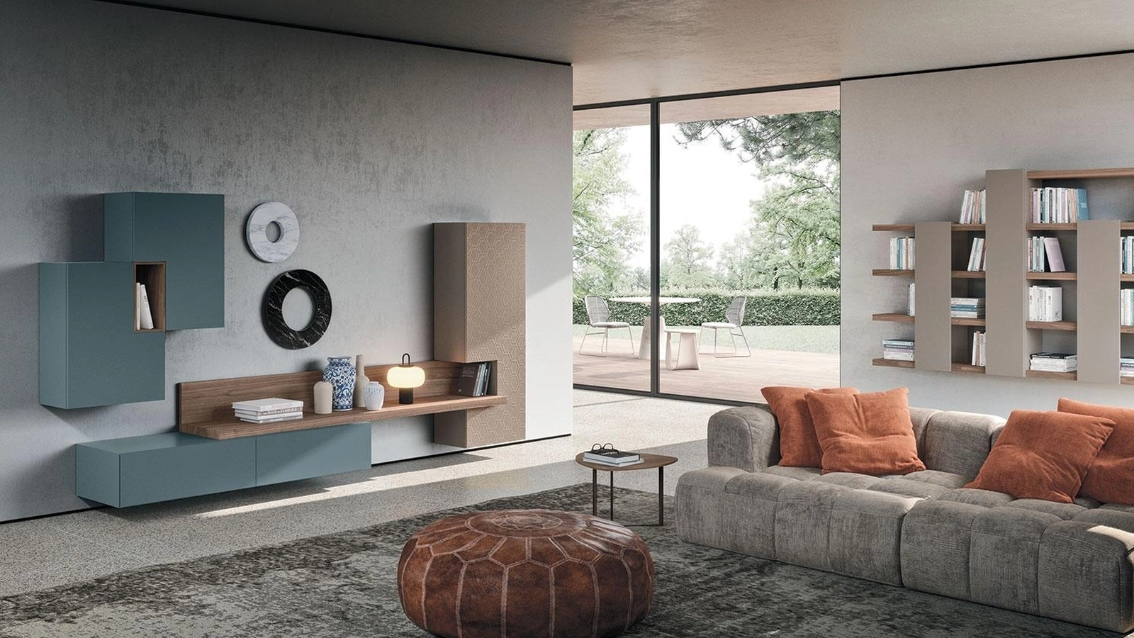 Parete Attrezzata Composizione Horizon 922 in laccato opaco, legno e materico di Mobilgam