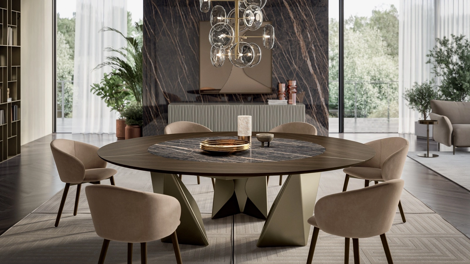 Tavolo rotondo in legno e SuperMarmo Kaleido di Bontempi