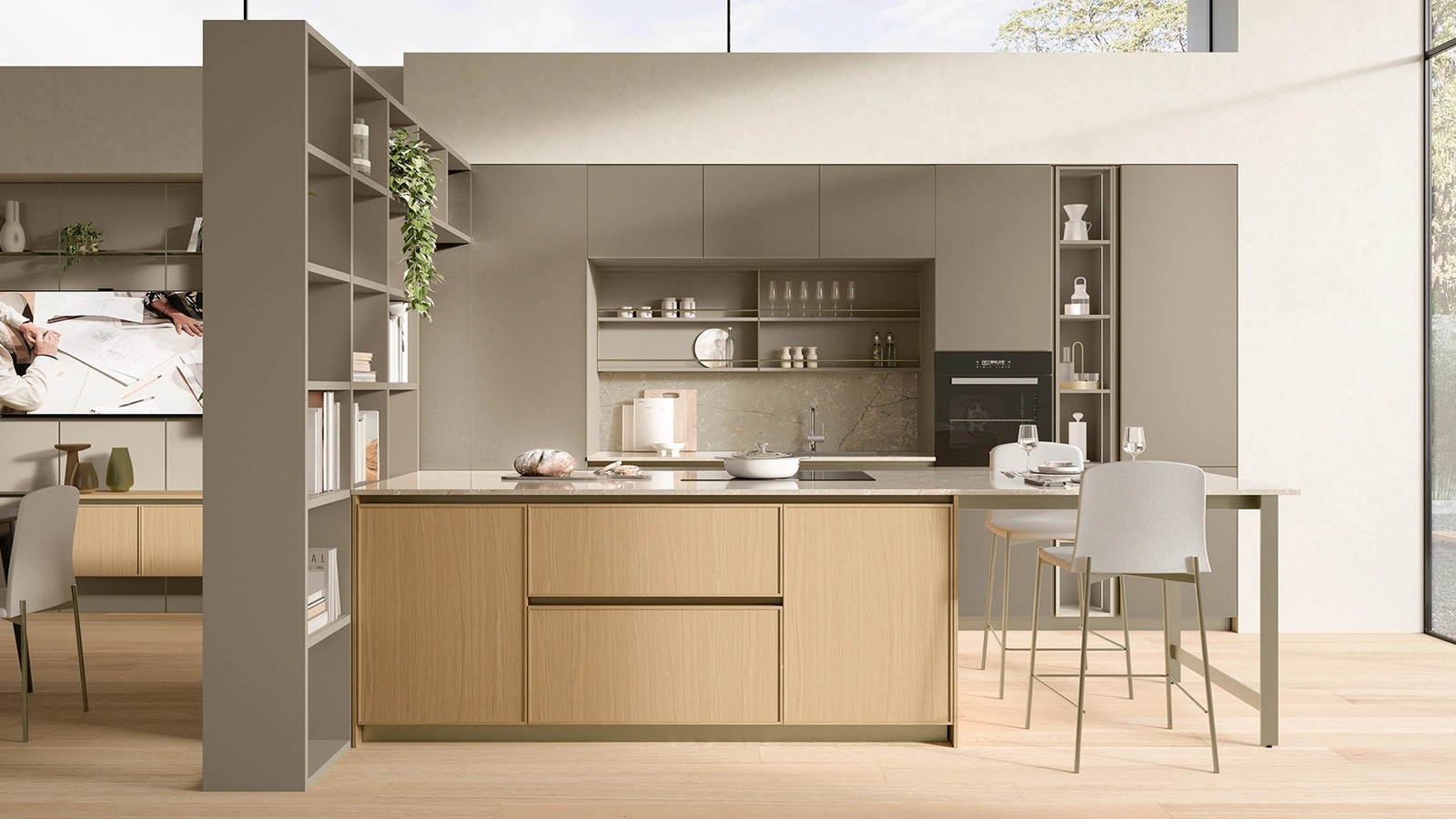 Cucina Moderna con penisola Sakura 06 in vetro opaco Alabastro e Rovere di Veneta Cucine