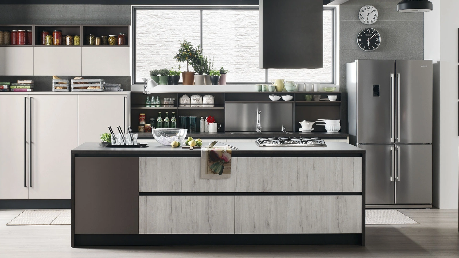 Cucina Moderna Start-Time J 08 con isola in Play Rovere chiaro, Smart Antracite e Colorboard Graffiato chiaro di Veneta Cucine