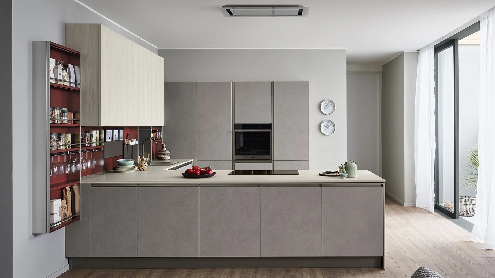 Cucina Moderna Start-Time Presa 06 con penisola in finitura Graffiato scuro e Play Rovere chiaro di Veneta Cucine